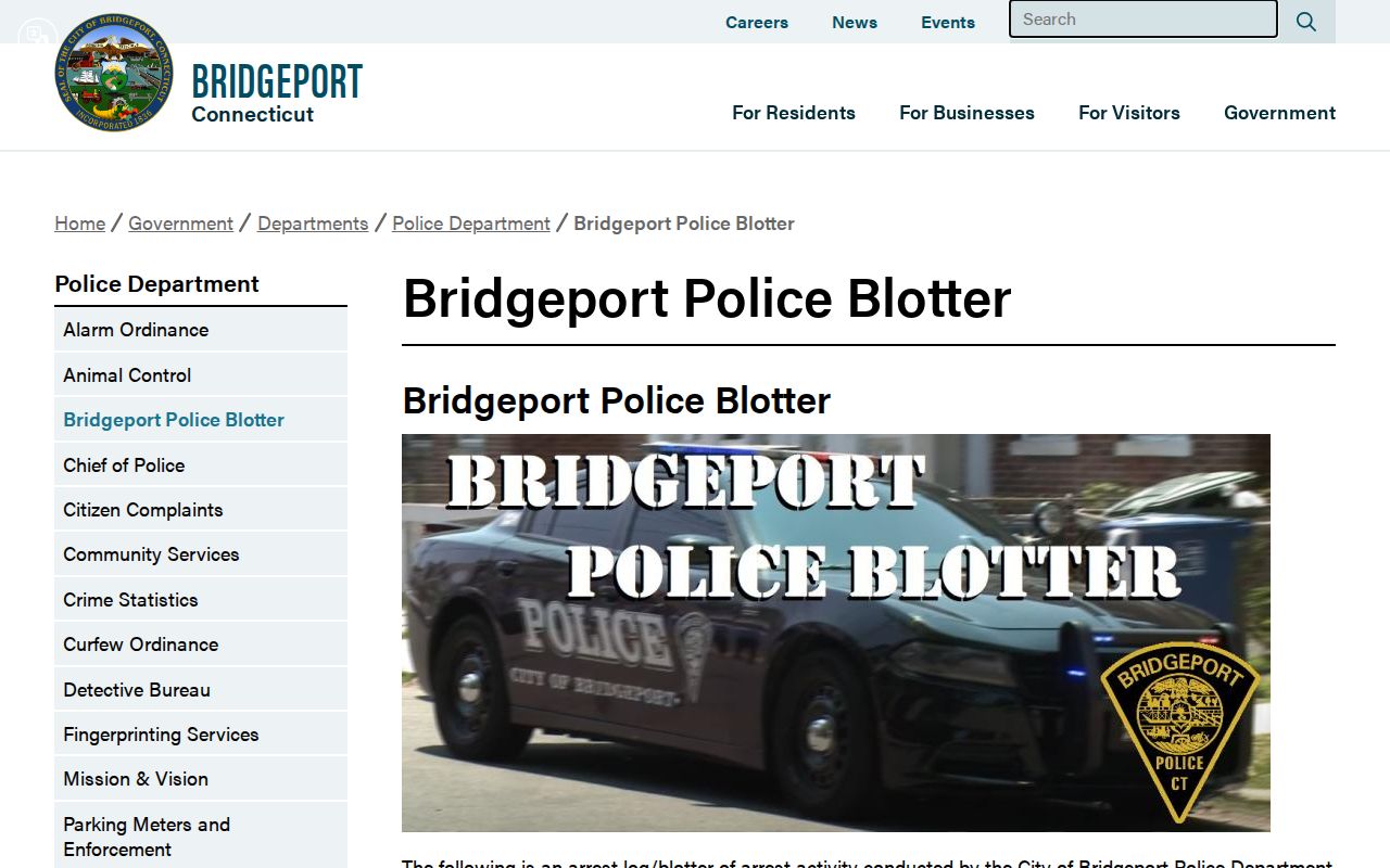 Bridgeport Police official arrest blotter record page