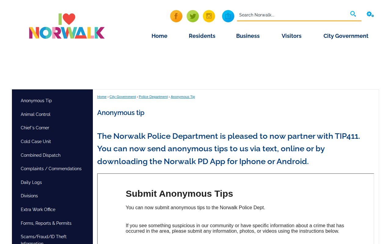 Norwalk Police Tip411 anonymous wanted fugitive reporting interface